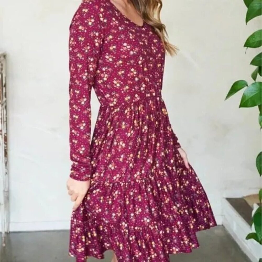 Ditsy Floral Print Midi Dress Long Sleeve Burgundy New